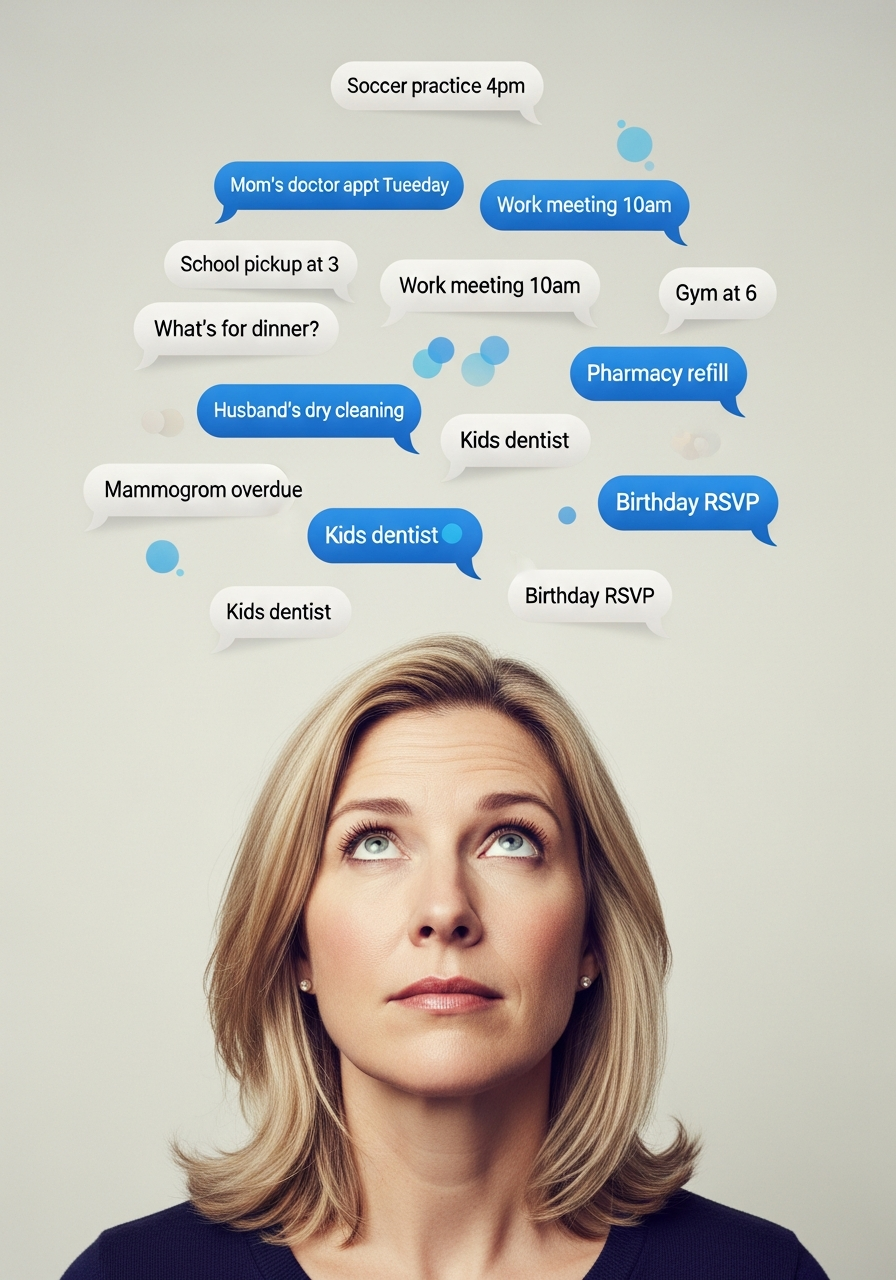 A 40-year-old mother with exhausted eyes looking up at floating iMessage-style text bubbles showing all the tasks she's mentally tracking — soccer practice, doctor appointments, school pickup, dinner, massage overdue, mammogram, husband's dry cleaning, gym, pharmacy refill, birthday RSVP.